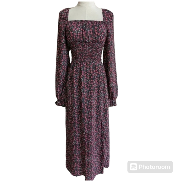 Floral Midi Dress in Black and Pink - Picture 1 of 8